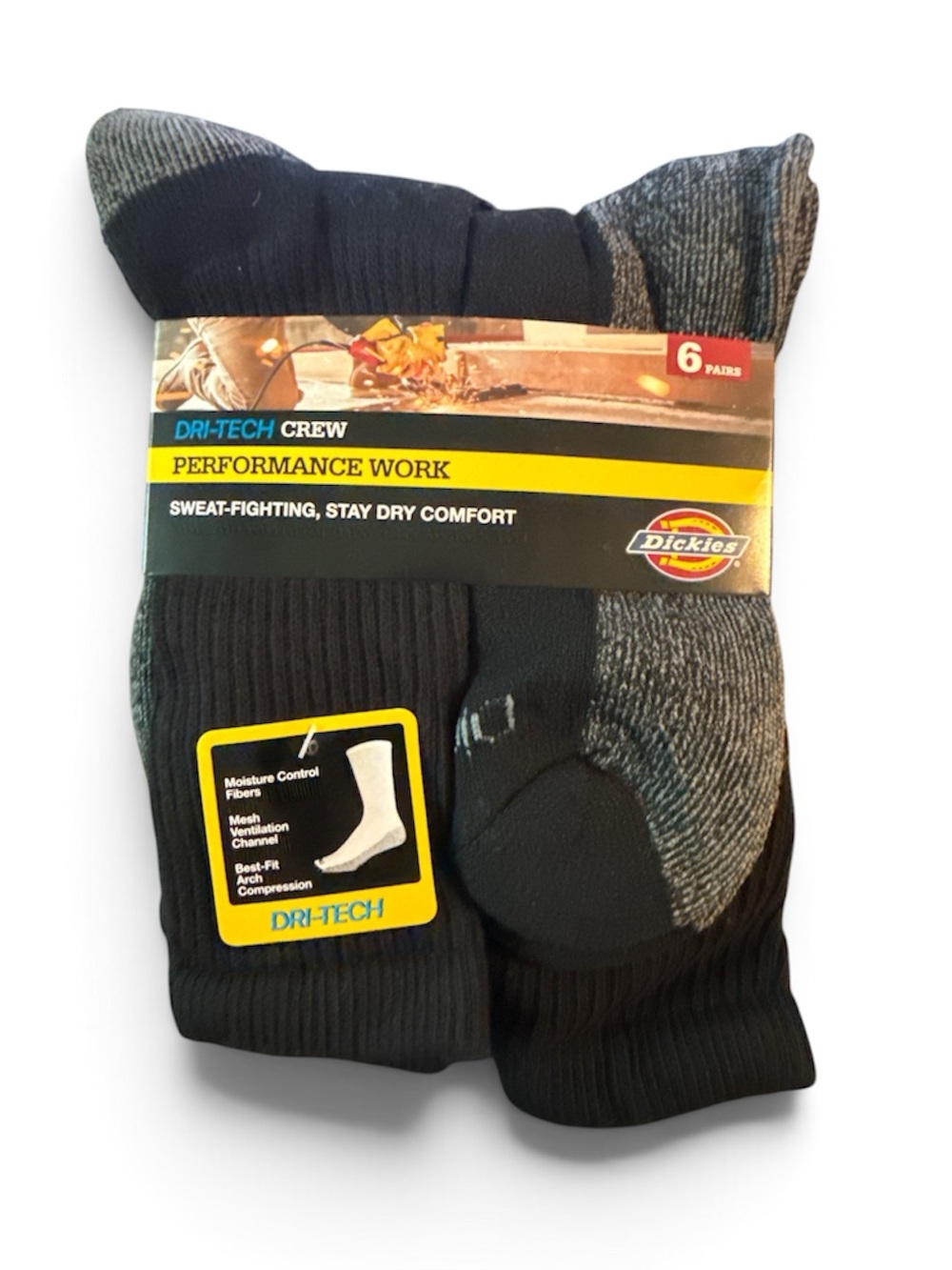 NEW Dickies Men's Performance Work Crew Socks - Black/Grey (6 Pack) size 6-12